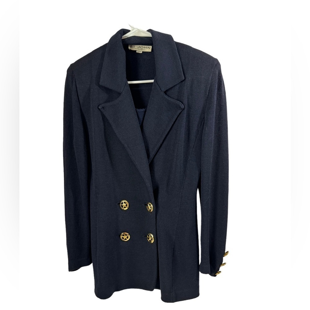 St John 2 Pc Long Santana Knit double breasted Set size P in Navy